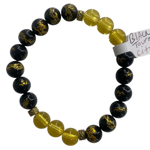 Black Tourmaline Gold Dragon Gemstone bracelet,Stretch - Picture 4 of 4